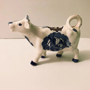 Vintage  Delft Style Cow Creamer 6 Inch Long Figurine Flowers Windmill